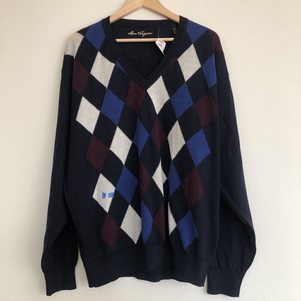 Ben Hogan NWT Italian Wool argyle sweater Navy Maroon Men's XXL w/ FLAW